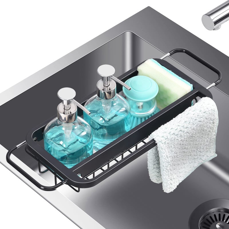 TOOLF Expandable Sink Caddy with Dish Towel Bar, Adjustable Over-The-Sink Organizer for Kitchen, Rustproof Sponge Holder and Drying Rack - Image 1