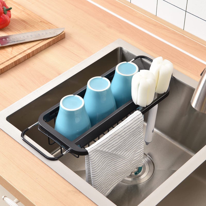 TOOLF Expandable Sink Caddy with Dish Towel Bar, Adjustable Over-The-Sink Organizer for Kitchen, Rustproof Sponge Holder and Drying Rack - Image 2