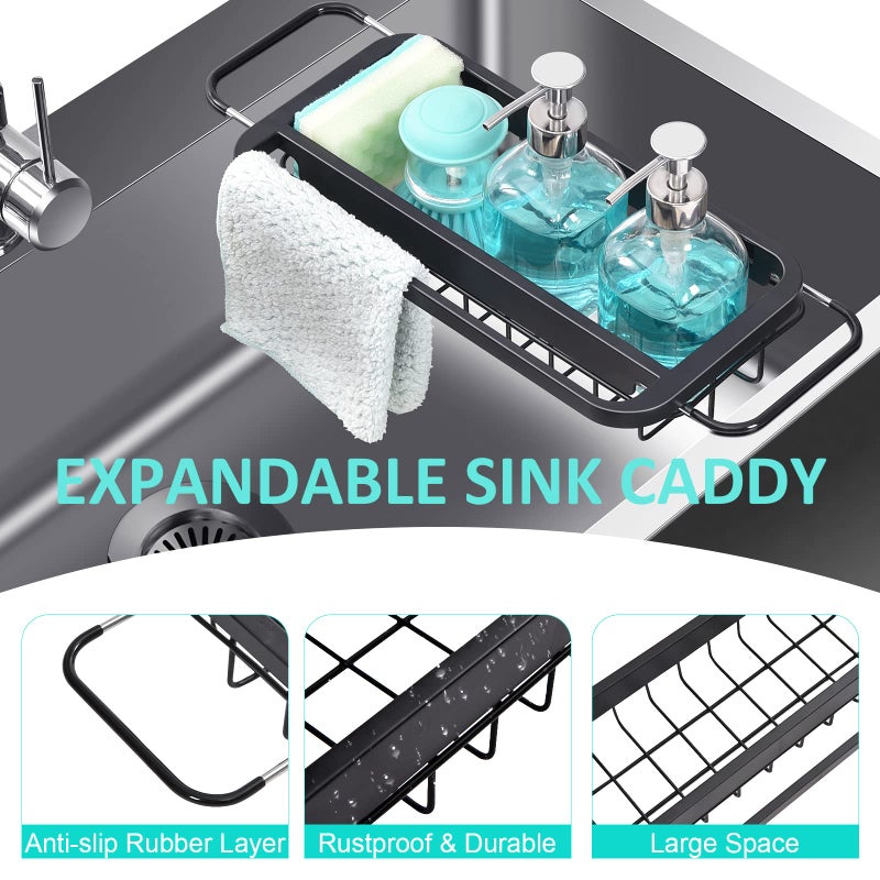 TOOLF Expandable Sink Caddy with Dish Towel Bar, Adjustable Over-The-Sink Organizer for Kitchen, Rustproof Sponge Holder and Drying Rack - Image 3