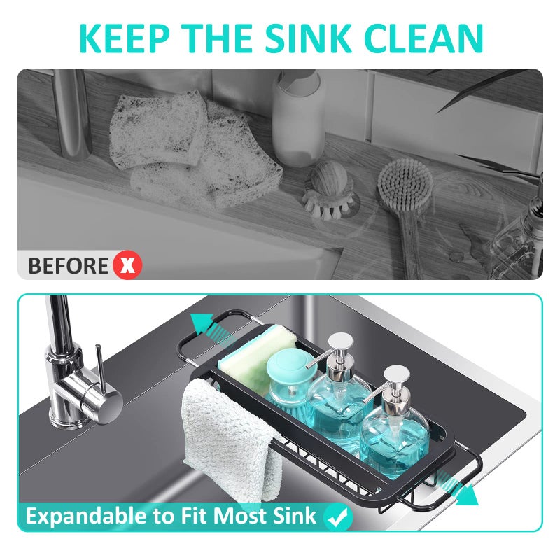 TOOLF Expandable Sink Caddy with Dish Towel Bar, Adjustable Over-The-Sink Organizer for Kitchen, Rustproof Sponge Holder and Drying Rack - Image 4