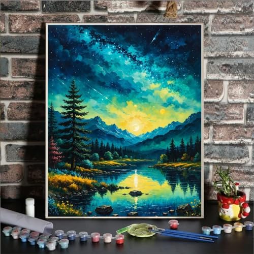 ldazao Forest Paint By Numbers Kit For Adults Mountain Tree Paint By Number Kits For Beginner Moon Acrylic On Canvas Diy Oil Painting Kit Adults PaintByNumber Kits For Gift Home Wall Decor 16x20 Inch - Image 3