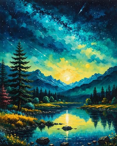 ldazao Forest Paint By Numbers Kit For Adults Mountain Tree Paint By Number Kits For Beginner Moon Acrylic On Canvas Diy Oil Painting Kit Adults PaintByNumber Kits For Gift Home Wall Decor 16x20 Inch - Image 1