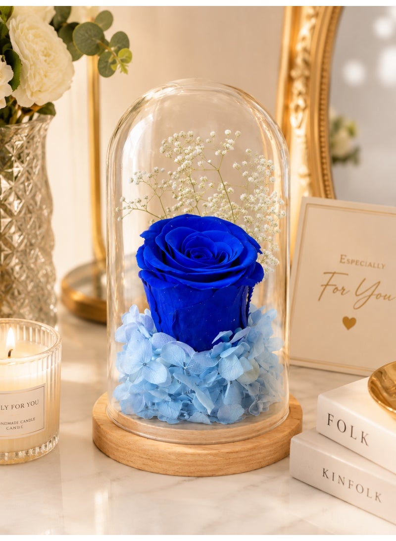 RAFAL Blue Rose Display in Clear Glass Dome with Wooden Base for Table Decor - Image 4