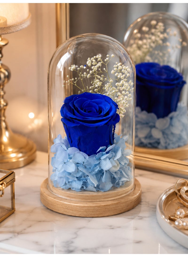 RAFAL Blue Rose Display in Clear Glass Dome with Wooden Base for Table Decor - Image 2