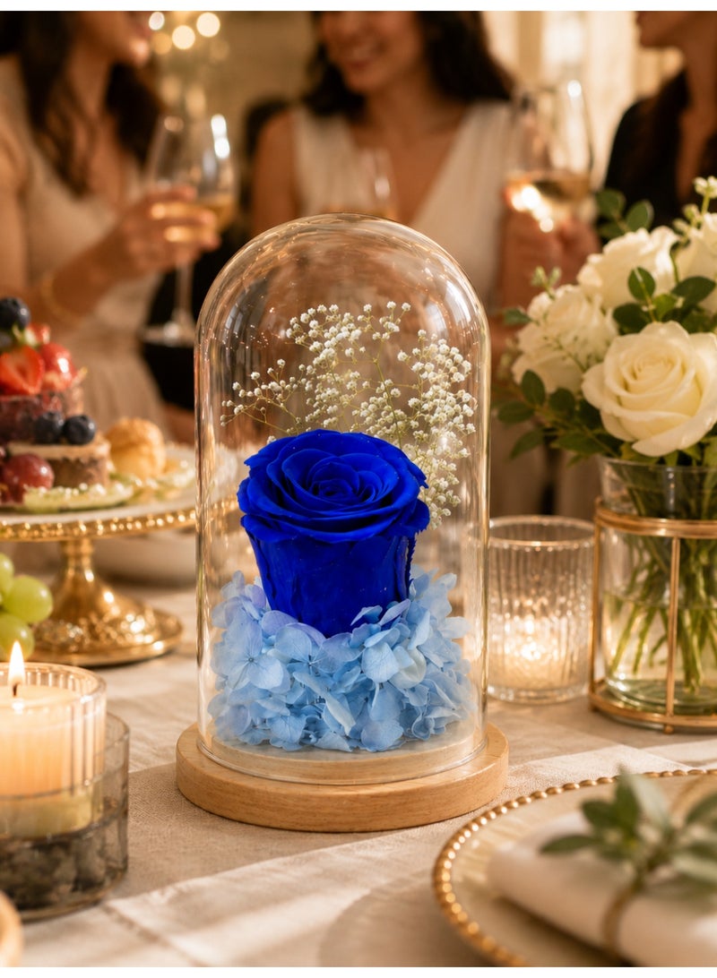 RAFAL Blue Rose Display in Clear Glass Dome with Wooden Base for Table Decor - Image 5