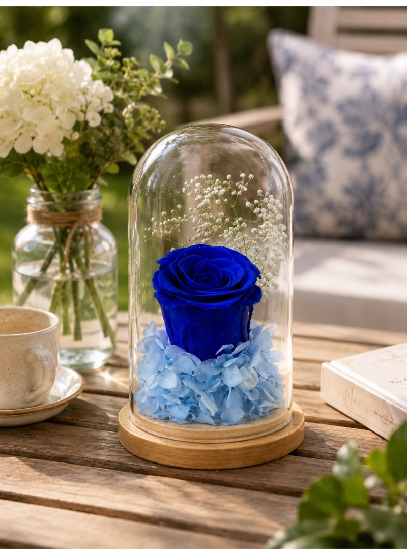 RAFAL Blue Rose Display in Clear Glass Dome with Wooden Base for Table Decor - Image 3