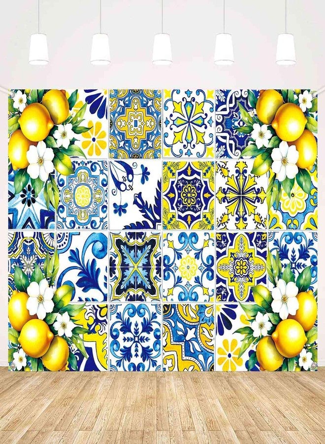 LDWLYW Blue Yellow Lemon Backdrop Birthday Party Decorations Summer Italian Blue Tiles Lemon Themed Party Decor for Baby Shower Bridal Shower Photography Background Wall Banner 5x3ft - Image 1