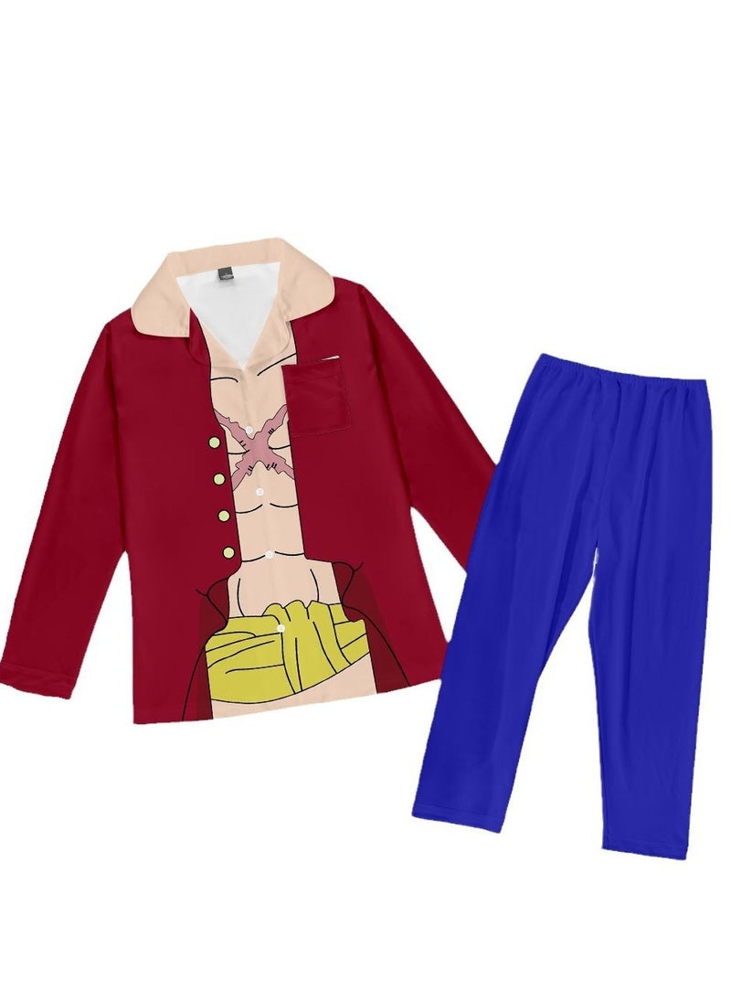 KUYING New One Piece Printed Pants Long Shirts Pajamas Set  - Image 1