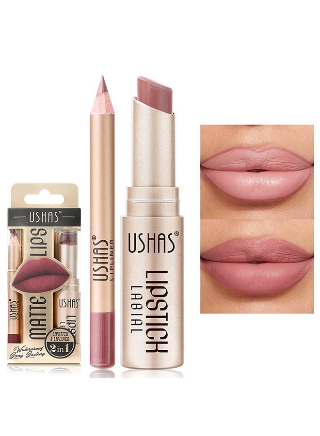 Ushas 2 in 1 Lipstick & Lipliner -Matte Nude Waterproof Lipstick for Women Lip liner Set Long Lasting Lipstick, Matte Lipstick Pen with Lip Liner Set Makeup Kits (09) - Image 1