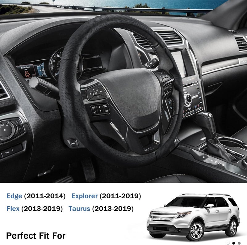 Aotoyou غطاء عجلة القيادة لسيارات Ford Explorer 2011-2019/ Edge 2011-2014/ Flex 2013-2019/ Taurus 2013-2019، مزود بحماية إضافية (جلد أسود مثقوب) - Image 3