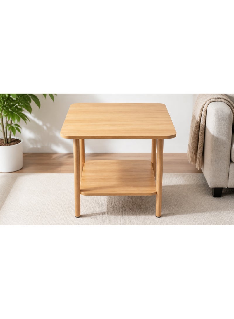 DubaiGallery Natural Wood Accent Table with Spacious Tabletop and Bottom Shelf, Rounded Corners, Sturdy Four-Leg Design, 60×50×53cm Compact Size, Ideal for Coffee, Books, Décor, Snacks and Everyday Home or Office Use - Image 1