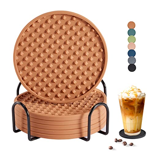 Coga Drink Coasters Set of 6 with Holder, Silicone Coasters Tabletop Protection for Any Table Type, Wood, Stone Tables, Dishwasher Safe, Coasters for Drinks Fits Any Size of Drinking Glasses (Brown) - Image 1