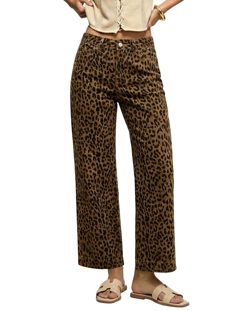luvamia Wide Leg Jeans Woman Trendy High Waisted Cheetah Print Leopard Pants Bell Bottom Ankle Length Country Concert Outfits for Women Jeans High Waist Soft Stretch Brown Cheetah Size Medium 8 to 10 - Image 1