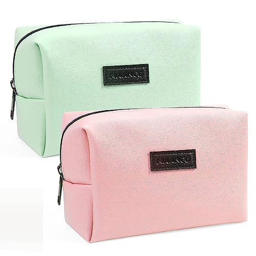 MAANGE 2 Pcs Small Makeup Bag For Purse, Travel Cosmetic Bag Makeup Pouch PU Leather Portable Versatile Zipper Pouch For Women (Pink+Green) - Image 1