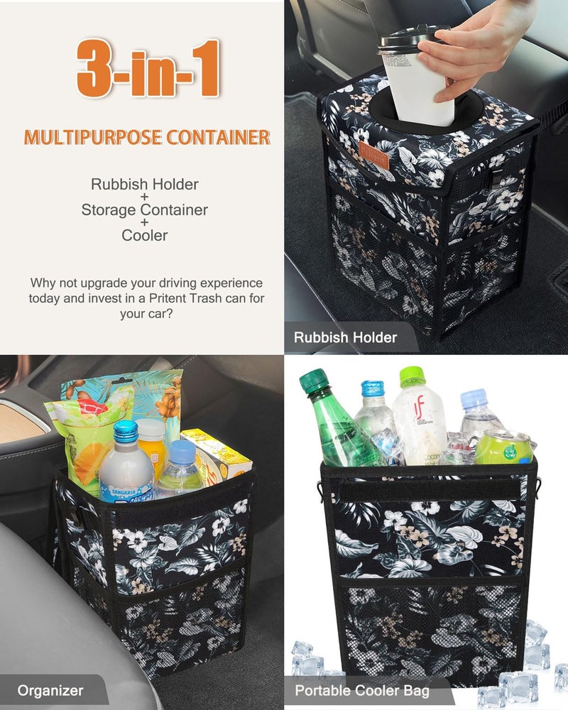 Pritent Car Trash Can with Lid, Cute Leakproof Car Trash Garbage Bag Hanging Vehicle Trash Bin Small Portable Automotive Garbage Cans Organizer for Back/Front Seat(Trapezoid,Black with Lily Print) - Image 5