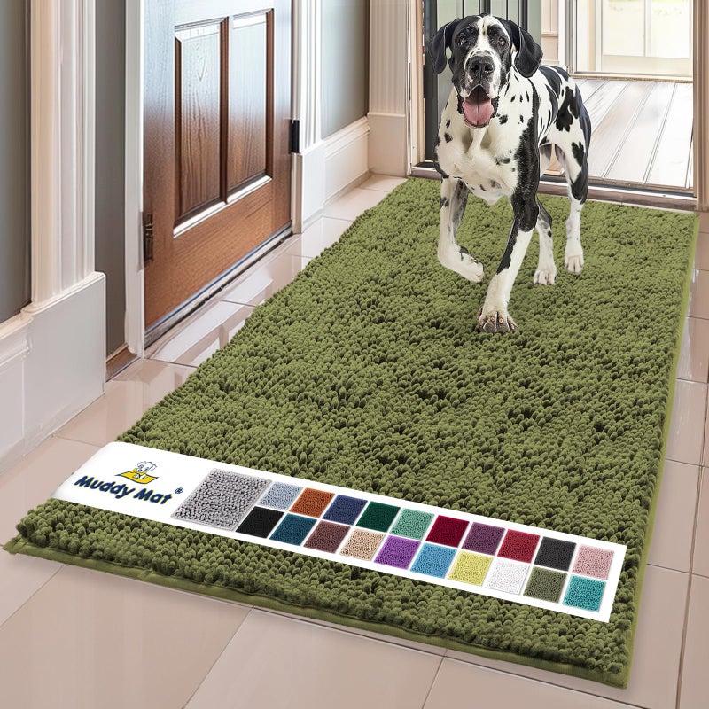 Muddy MatÂ® | Super Absorbent Door Mat Indoor, Microfiber Quick Dry Chenille Entryway Rug, Non-Slip Front Door Mat, Indoor Mats for Entryway, Machine Washable Pet Rug, Army Green 24"x60" - Image 1