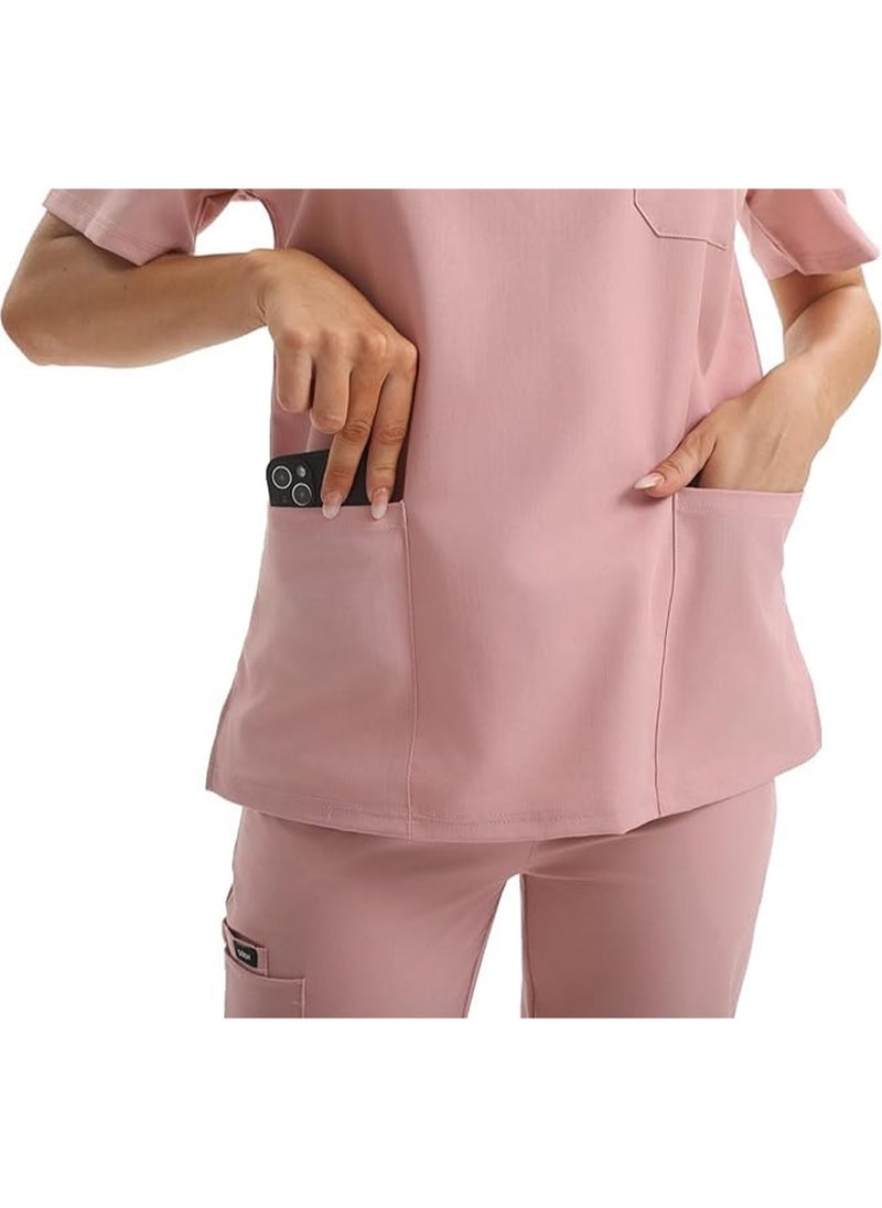 L&E Scrub for Women Set, Female Nurse Uniform, Classic V neck Top and Jogger Scrub Pants Medica l Uniform Suit with 9 Pockets, Hospital Staff, clinics, Home Health, Pink, L  - Image 3
