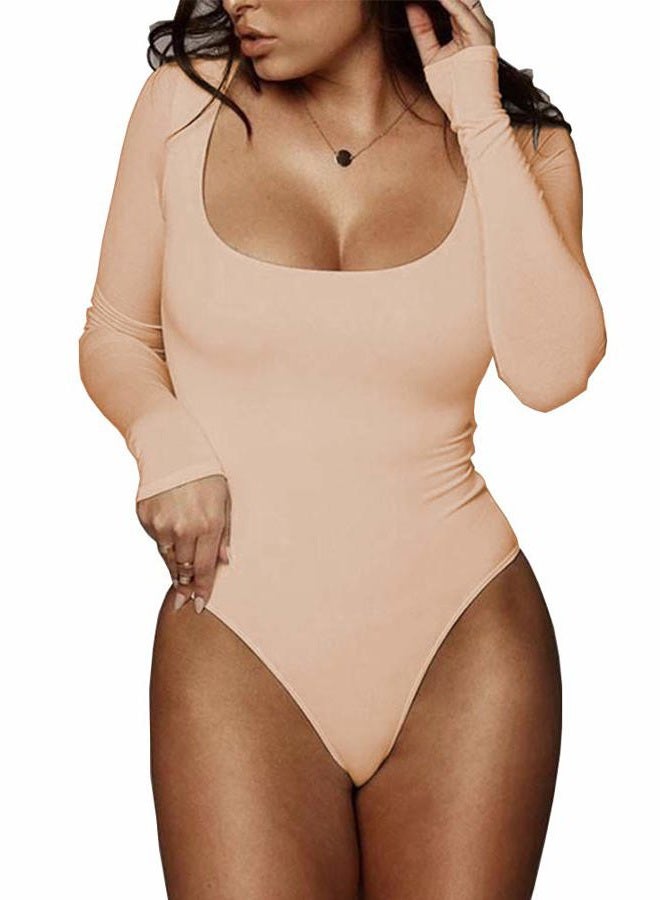 BelleLovin Women's Square Neck Long Sleeve T-shirt Basic Bodysuit Jumpsuits, Nude.., S - Image 1