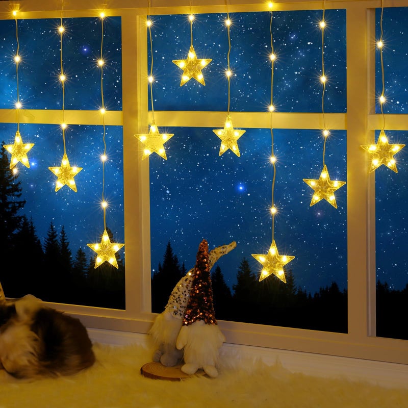Elktry Christmas Window Lights 76LEDs 9 Star Curtain Lights Warm WhiteMulticolor IP65 Waterproof Timer Memory Function 8 Modes IndoorOutdoor Decoration for Xmas Birthday Wedding Bedroom - Image 2