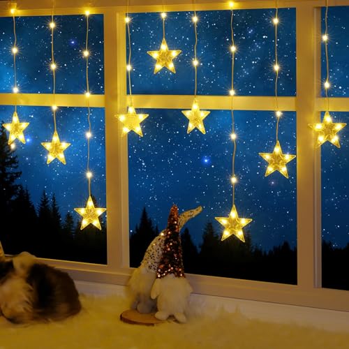 Elktry Christmas Window Lights 76LEDs 9 Star Curtain Lights Warm WhiteMulticolor IP65 Waterproof Timer Memory Function 8 Modes IndoorOutdoor Decoration for Xmas Birthday Wedding Bedroom - Image 1
