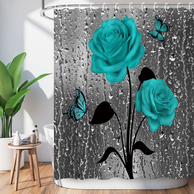 LIVILAN Teal and Turquoise Shower Curtain With Rose Fall Raindrop Dark Blue Floral on Grey 72W x 72H Inch With Hooks Country Bath Decor