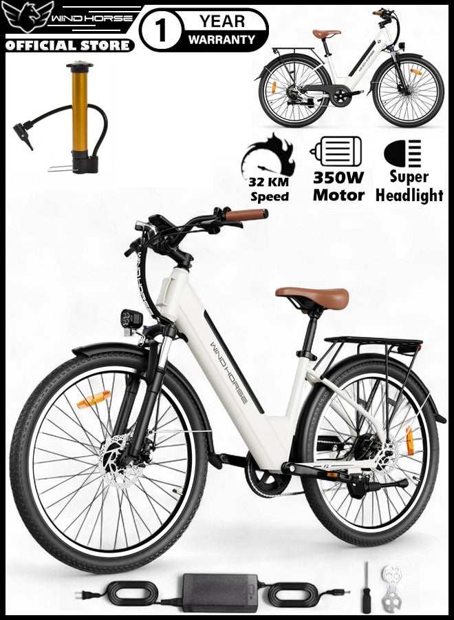 حصان الريح دراجة كهربائية F2 للبالغين بمحرك 350 واط، بطارية قابلة للإزالة 36 فولت 13 أمبير، سرعة قصوى 32 كم/ساعة، مدى 40-80 كم، إطار من سبائك الكربون، إطارات 26 بوصة، Shimano 7 سرعات، فرامل قرصية مزدوجة، تعليق أمامي، 3 أوضاع للقيادة - Image 1