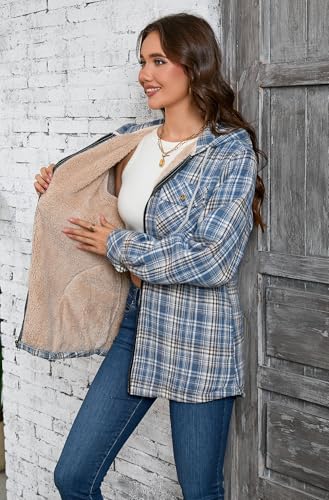 Elesuit Women's Flannel Jackets Fleece Hooded Plaid Cotton Zip Up Sherpa Lined Jacket for Women Blue Large - Image 3