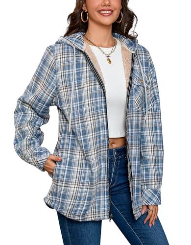 Elesuit Women's Flannel Jackets Fleece Hooded Plaid Cotton Zip Up Sherpa Lined Jacket for Women Blue Large - Image 2