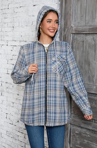 Elesuit Women's Flannel Jackets Fleece Hooded Plaid Cotton Zip Up Sherpa Lined Jacket for Women Blue Large - Image 5