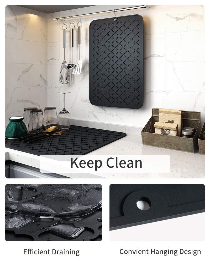 AMOAMI Dish Drying Mats for Kitchen Counter - Silicone Dish Drying Mat - Heat Resistant Mat - Black (16" x 18) - Image 2