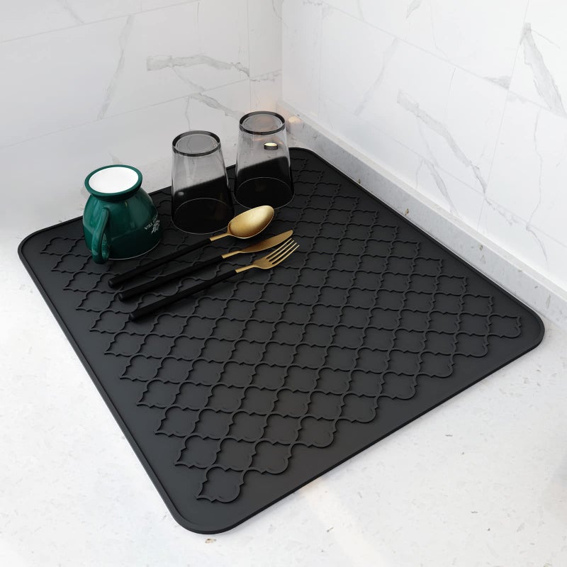 AMOAMI Dish Drying Mats for Kitchen Counter - Silicone Dish Drying Mat - Heat Resistant Mat - Black (16" x 18) - Image 1