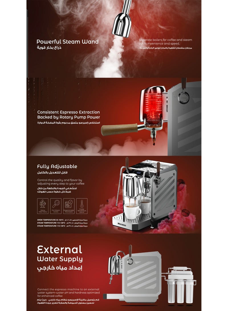 ليبرسو آلة قهوة Corazzato 9Bar بمضخة دوارة إيطالية / تحكم في النقع المسبق / تحكم في التدفق / معلمات قابلة للبرمجة / بخار / فوهة ماء ساخن / تحكم في درجة الحرارة - فضي - Image 3