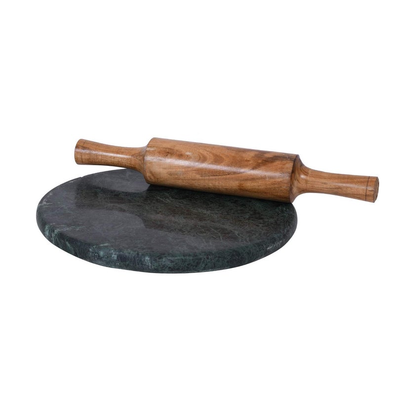 Piepot Indian Handcrafted Green Chakla Belan Roti Maker for Kitchen With Wooden Belan Rollin Pin Green Marble Chakla 10 Diameter - Image 1