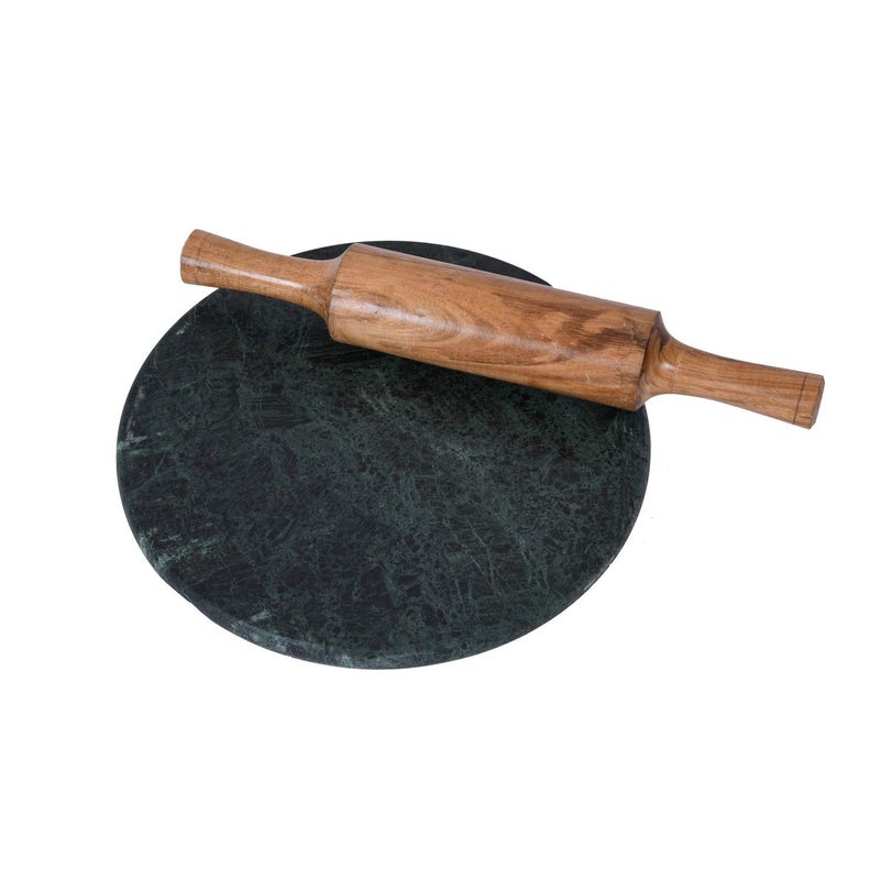 Piepot Indian Handcrafted Green Chakla Belan Roti Maker for Kitchen With Wooden Belan Rollin Pin Green Marble Chakla 10 Diameter - Image 2