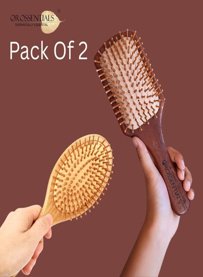 OROSSENTIALS Bamboo Hair Brush Combo Pack of 2 | Wooden Hairbrush with Natural Bamboo Bristles for Detangling, Frizz Control & Smooth Hair | Eco-Friendly Hair Brush for Women & Men - Image 2