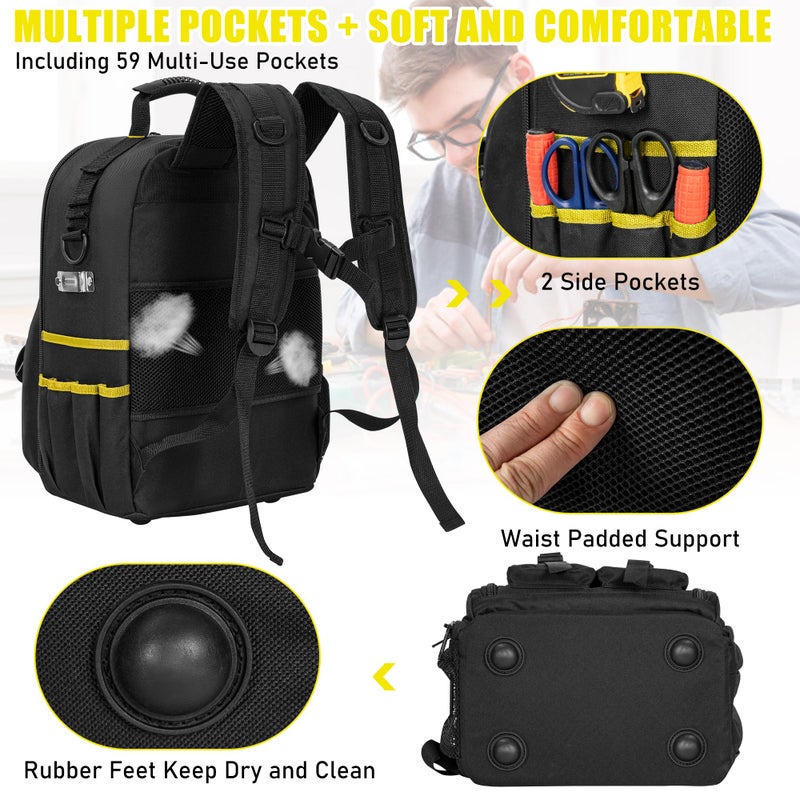 LASUK Tool Backpack, Heavy Duty Tool Bag with Padded Shoulder and Removable Tool Organizer, Water-Resistant Work Backpack, for Electrician, Plumber, HVAC, Cable Repairman, Black & Yellow - Image 4