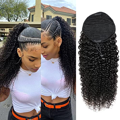 Adette 16 Inches Curly Ponytails Human Hair Brazilian Kinky Curly Clip in Pony Tail Hair Extensions for Black Women Drawstring Ponytail Extensions Natural Black - Image 1