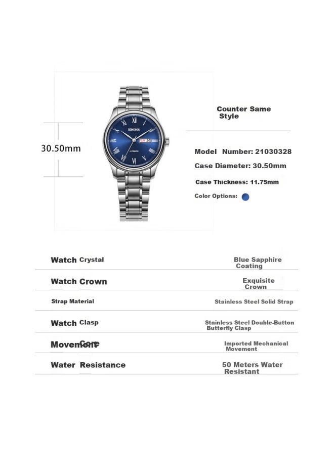 Ebohr Men's Automatic Mechanical Watch With Date, Stainless Steel Band, National Brand, Couple's Gift For Birthday, Qixi Festival, Valentine's Day - Image 5