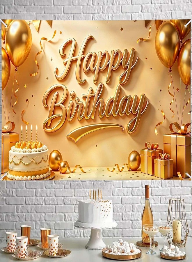 JNXCYQ Gold Happy Birthday Backdrop Banner 71x47 Inch, Polyester Golden Birthday Decorations for Men Women, Large Birthday Wall Photo Background Party Supplies - Image 4