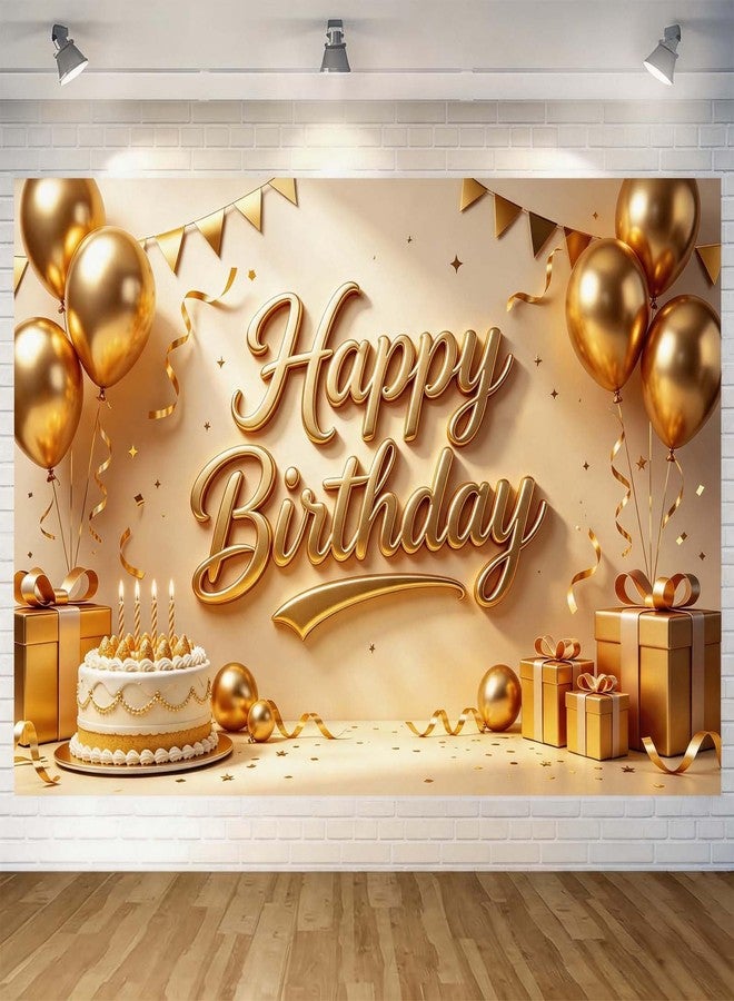 JNXCYQ Gold Happy Birthday Backdrop Banner 71x47 Inch, Polyester Golden Birthday Decorations for Men Women, Large Birthday Wall Photo Background Party Supplies - Image 1