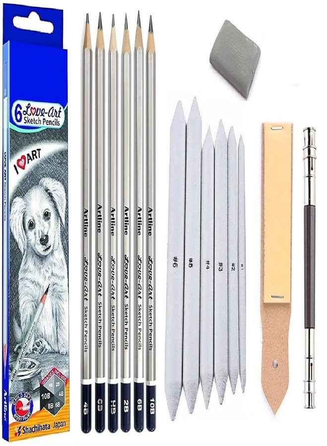 ChiggiWiggi 6 Artline Pencil Drawing Set With 6 Blending/Smudging Stumps Set + 1 Kneadable Art Eraser + 1 Sand Paper + 1 Pencil Extender For Drawing & Sketching Kit for Artists, Beginners & Students - Image 1