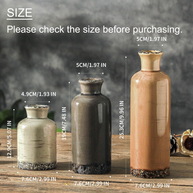 ooit Ceramic Vase Set of 3, Neutral Flower Vases Home Decor, Pottery Rustic Farmhouse Decorative Vases Modern Decor for Table Mantel Entryway Bookshelf Living Room Kitchen Bedroom - Brown - Image 2