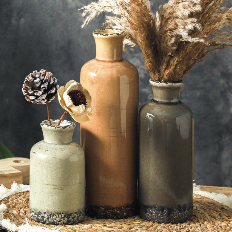 ooit Ceramic Vase Set of 3, Neutral Flower Vases Home Decor, Pottery Rustic Farmhouse Decorative Vases Modern Decor for Table Mantel Entryway Bookshelf Living Room Kitchen Bedroom - Brown - Image 1