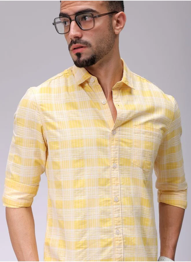 The Indian Garage Co Men Slim Fit Checkered Full Sleeves Cutaway Collar Casual Shirt