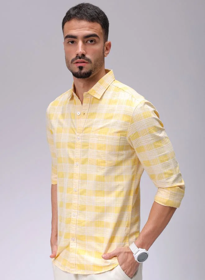 The Indian Garage Co Men Slim Fit Checkered Full Sleeves Cutaway Collar Casual Shirt