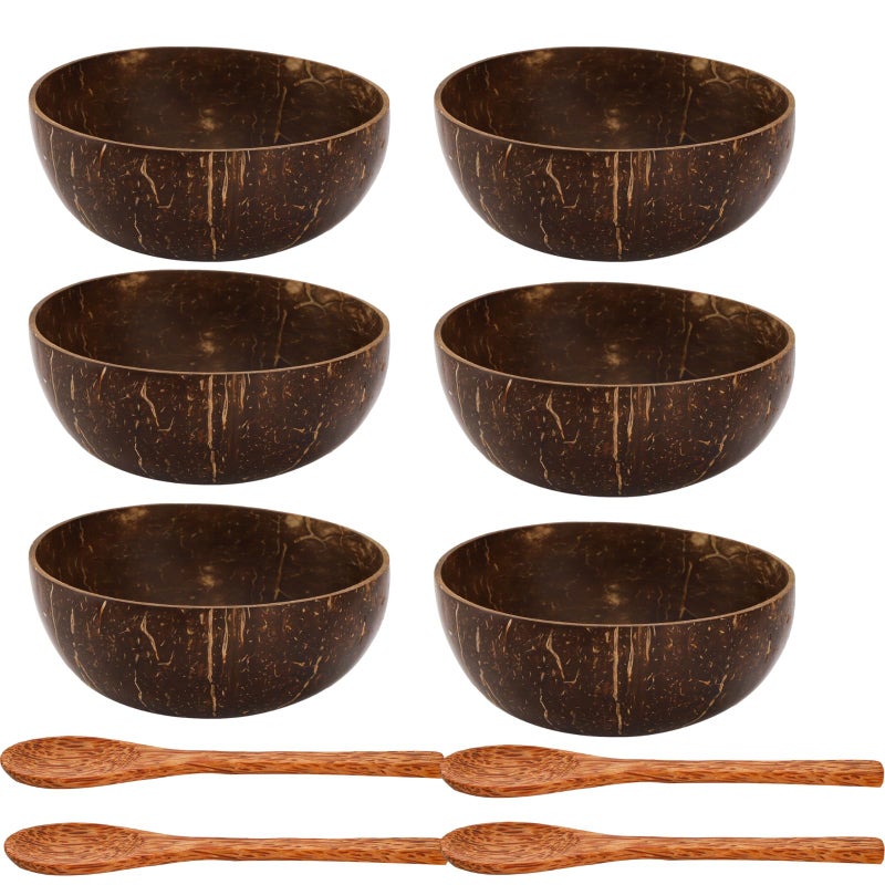 ZENFUN 6 Pack Coconut Bowl with 4 Wooden Spoon, 15 Oz Polished Coconut Bowls, Natural Coconut Shell Bowl Set for Vegan Organic Salad, Smoothie or Buddha Bowls, Kitchen Storage - Image 1