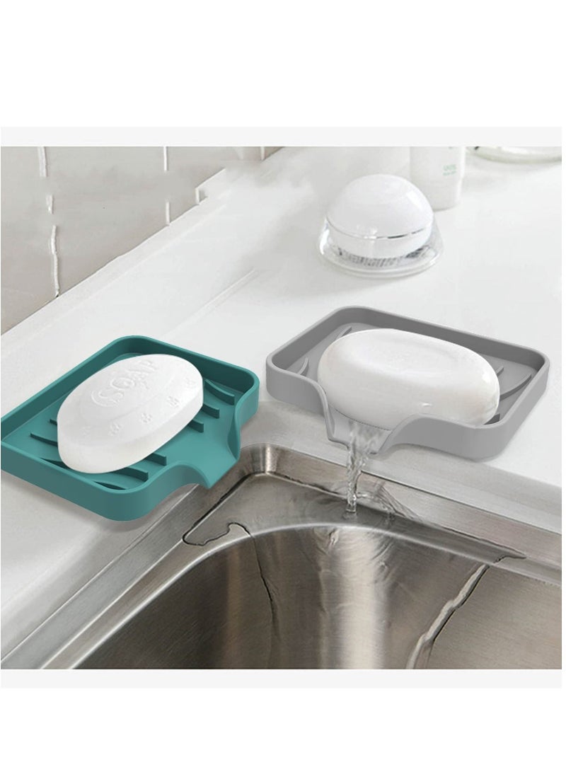 Soap Dish for Shower Bar Silicone Soap Holder for Bathroom Kitchen with Draining Tray Non-Slip 2pcs Green/Grey  - Image 1
