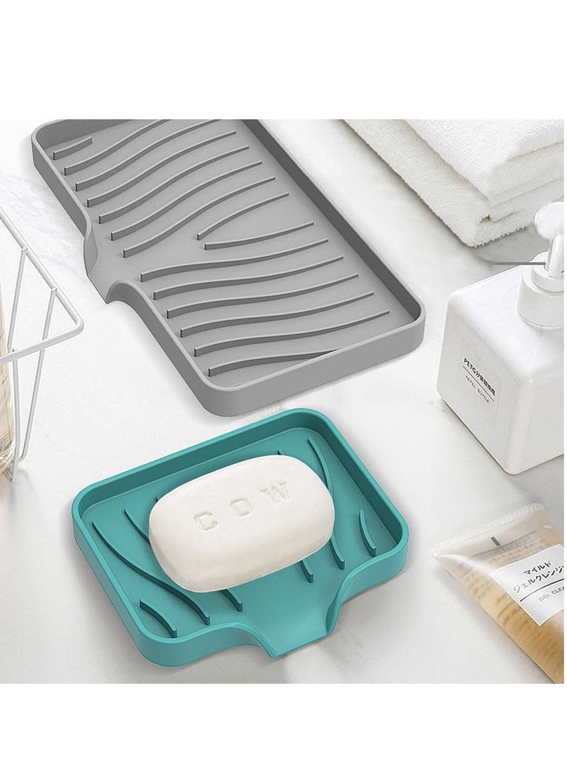 Soap Dish for Shower Bar Silicone Soap Holder for Bathroom Kitchen with Draining Tray Non-Slip 2pcs Green/Grey  - Image 3