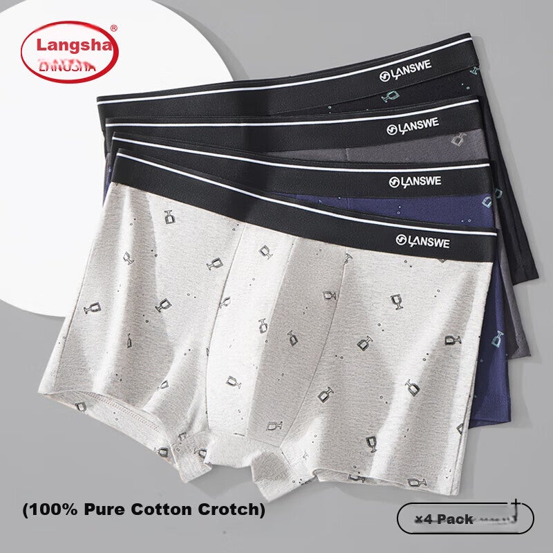 JD Jing Zao LangSha Men's Cotton Boxer Briefs Comfortable Breathable Casual Fashion Mid-Rise Four-Pack - Image 3
