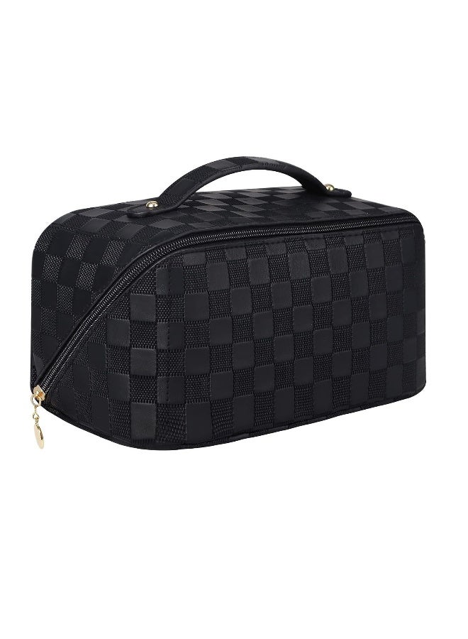 JOMILA Large Capacity Travel Cosmetic Bag Portable Makeup Bags for Women Travel Toiletry Bag Waterproof Leather Checkered Makeup Organizer Bag, Roomy Cosmetic Bag for Women and Girls - Image 1